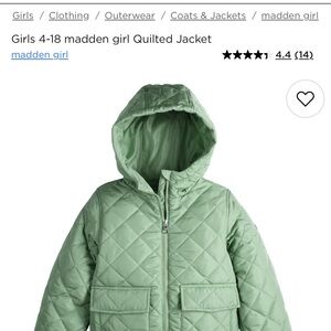 New Madden Girl quilted kids jacket in sage green,size 6/6X